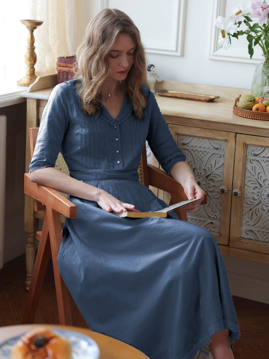 Fiona – Midi-Kleid aus 100% Baumwolle mit V-Ausschnitt