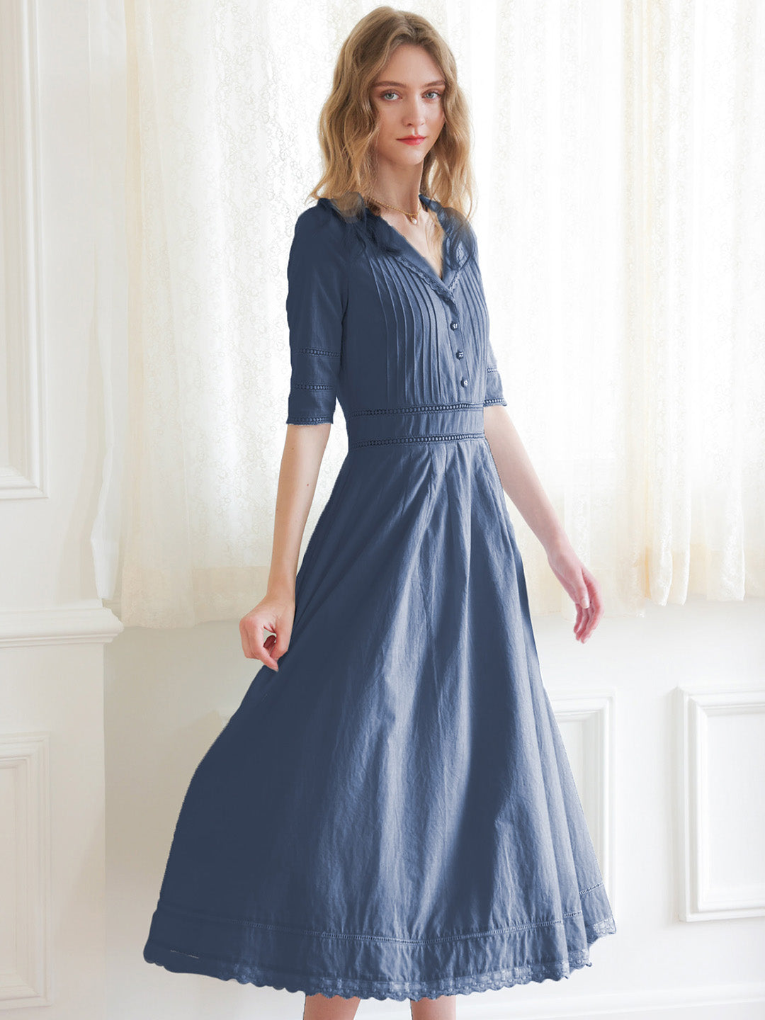 Fiona 100% Baumwolle Denim Blau Midi Kleid