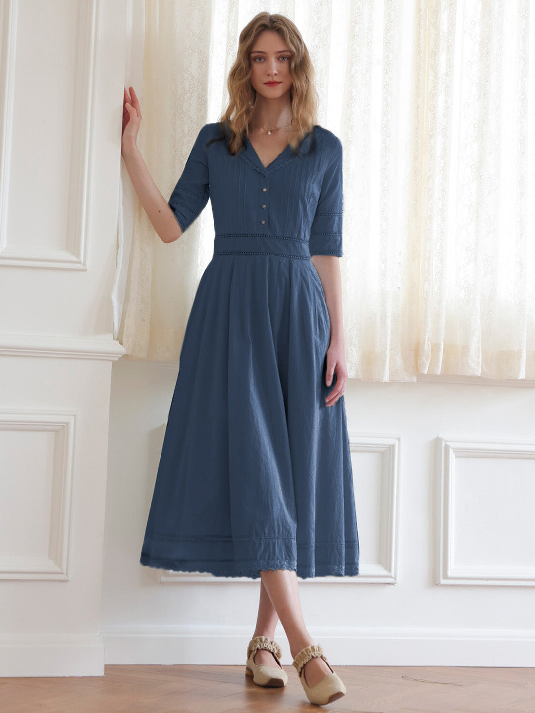 Fiona 100% Baumwolle Denim Blau Midi Kleid
