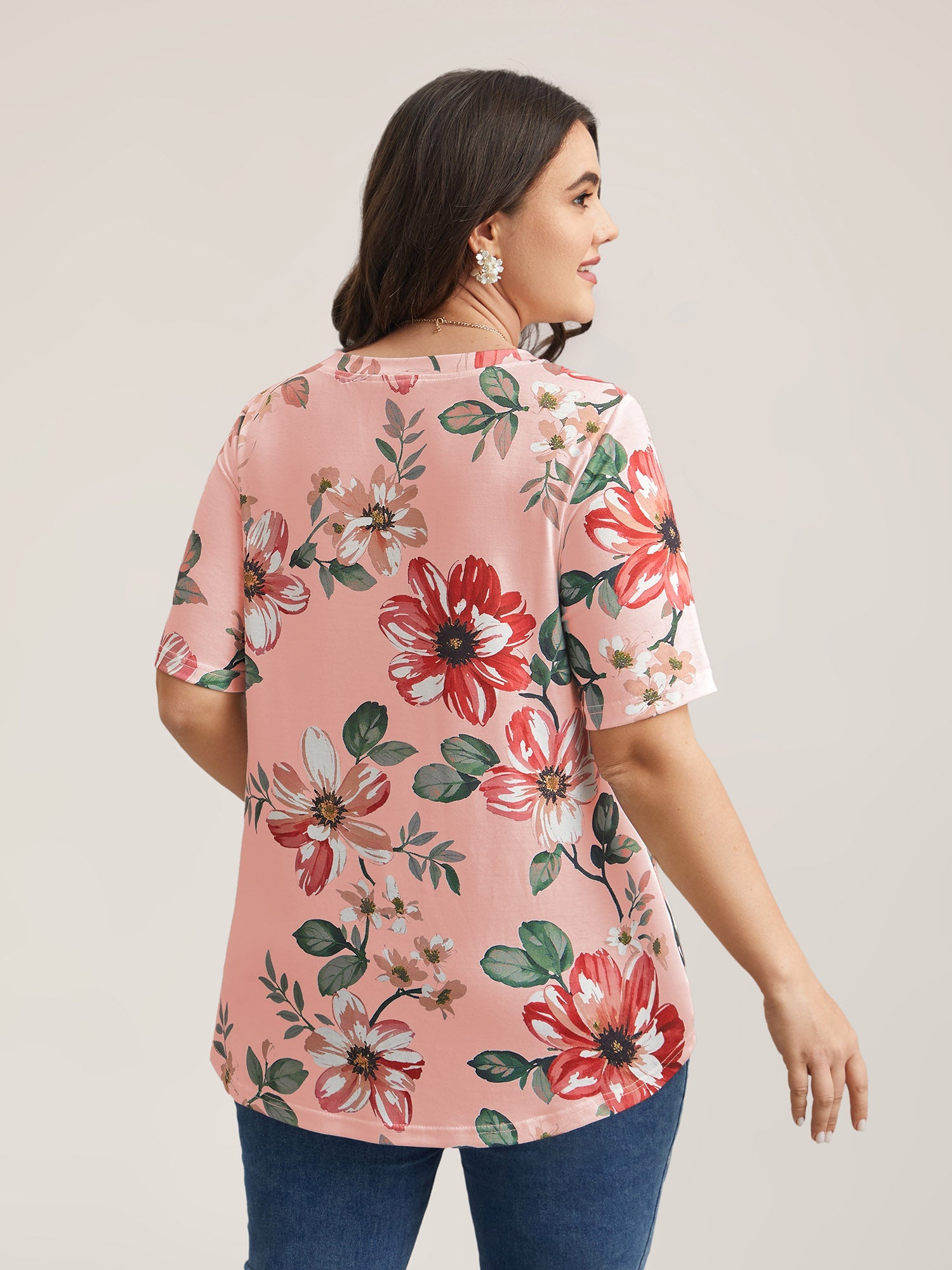 Mehrfarbiges Blumendruck V-Ausschnitt T-Shirt