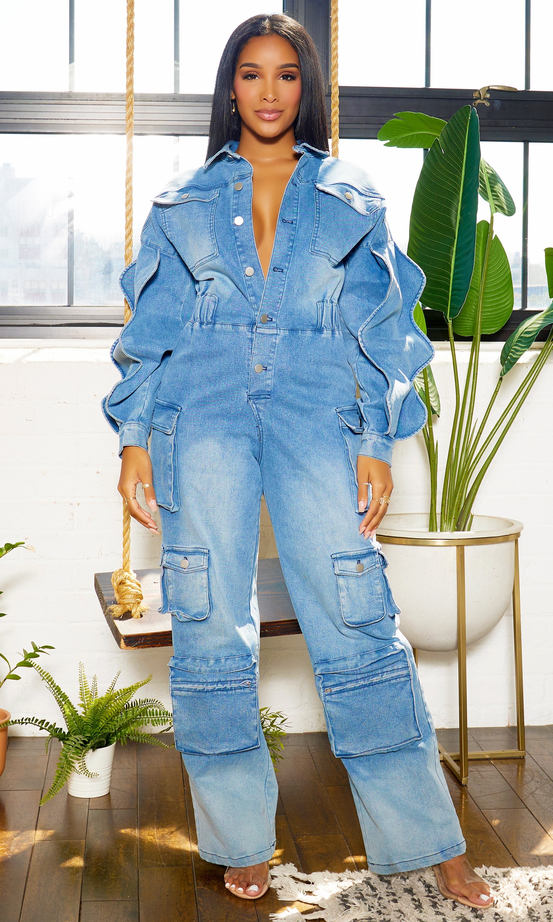 Langarm-Cargo-Denim-Overall - Mittlere Waschung