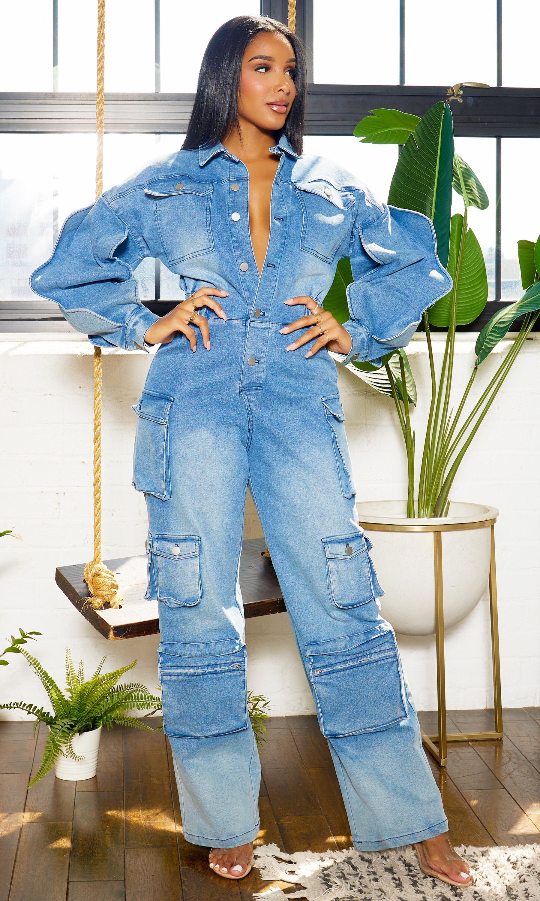 Langarm-Cargo-Denim-Overall - Mittlere Waschung