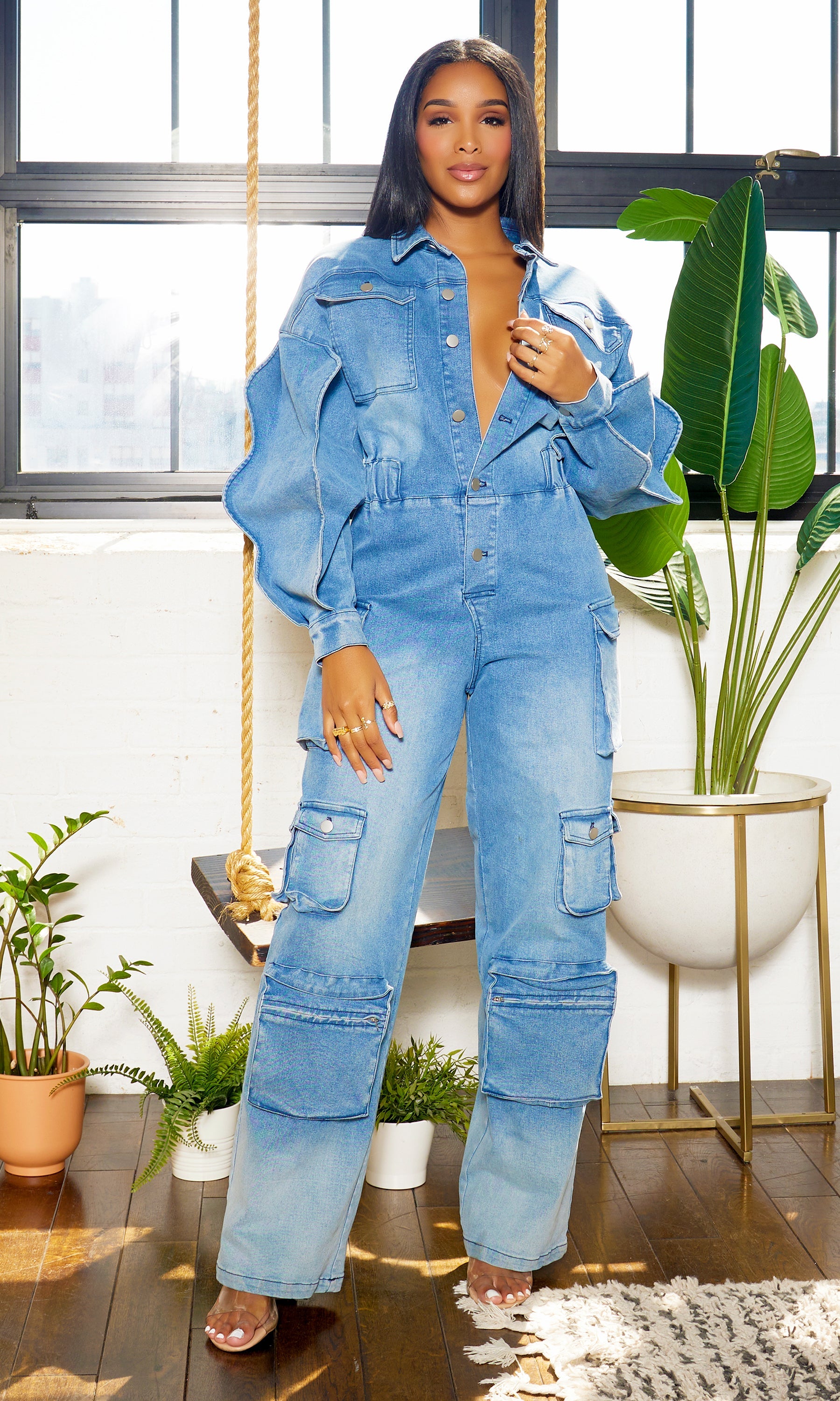 Langarm-Cargo-Denim-Overall - Mittlere Waschung
