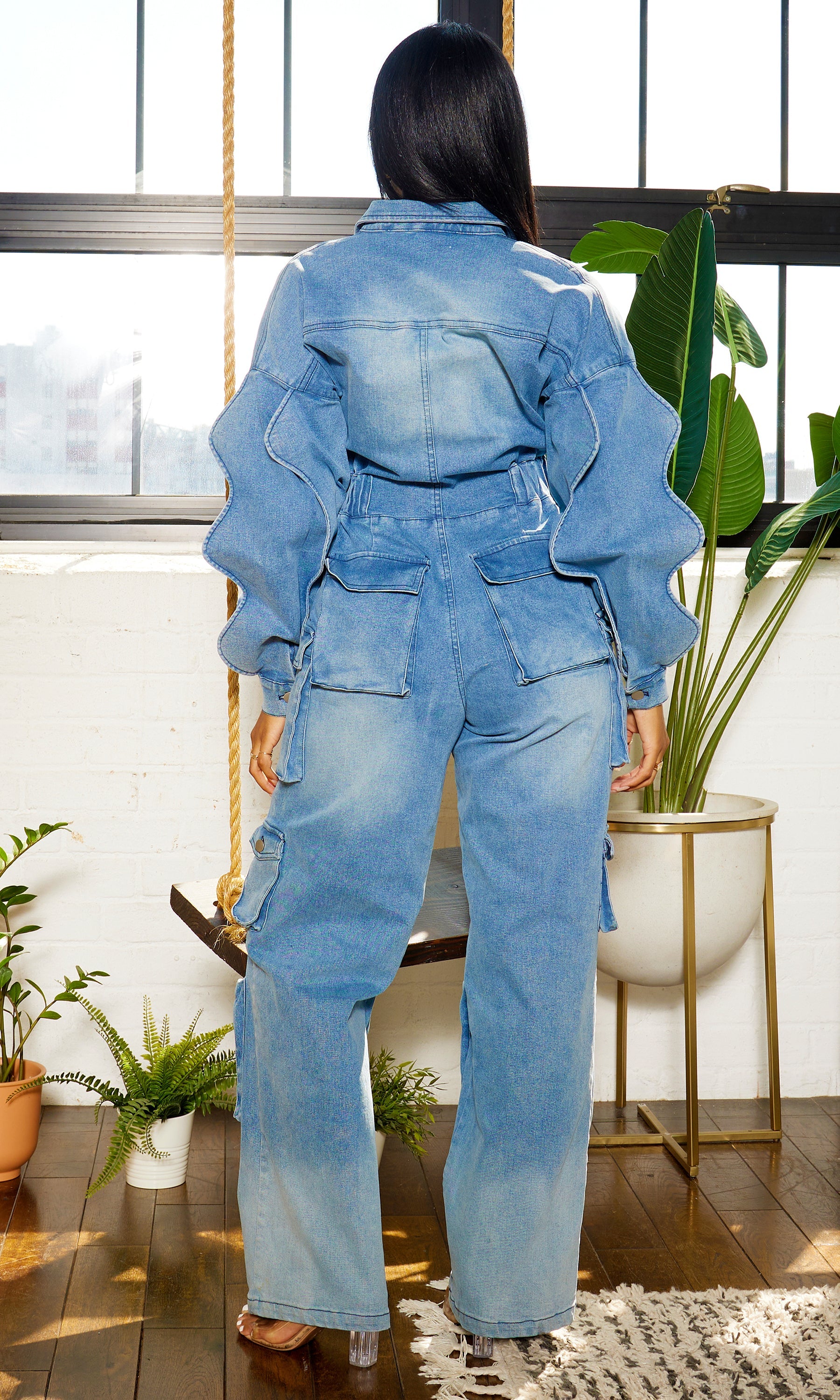 Langarm-Cargo-Denim-Overall - Mittlere Waschung
