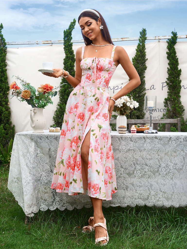 Gerüschtes Bustier Kleid mit Spalt und Trägern