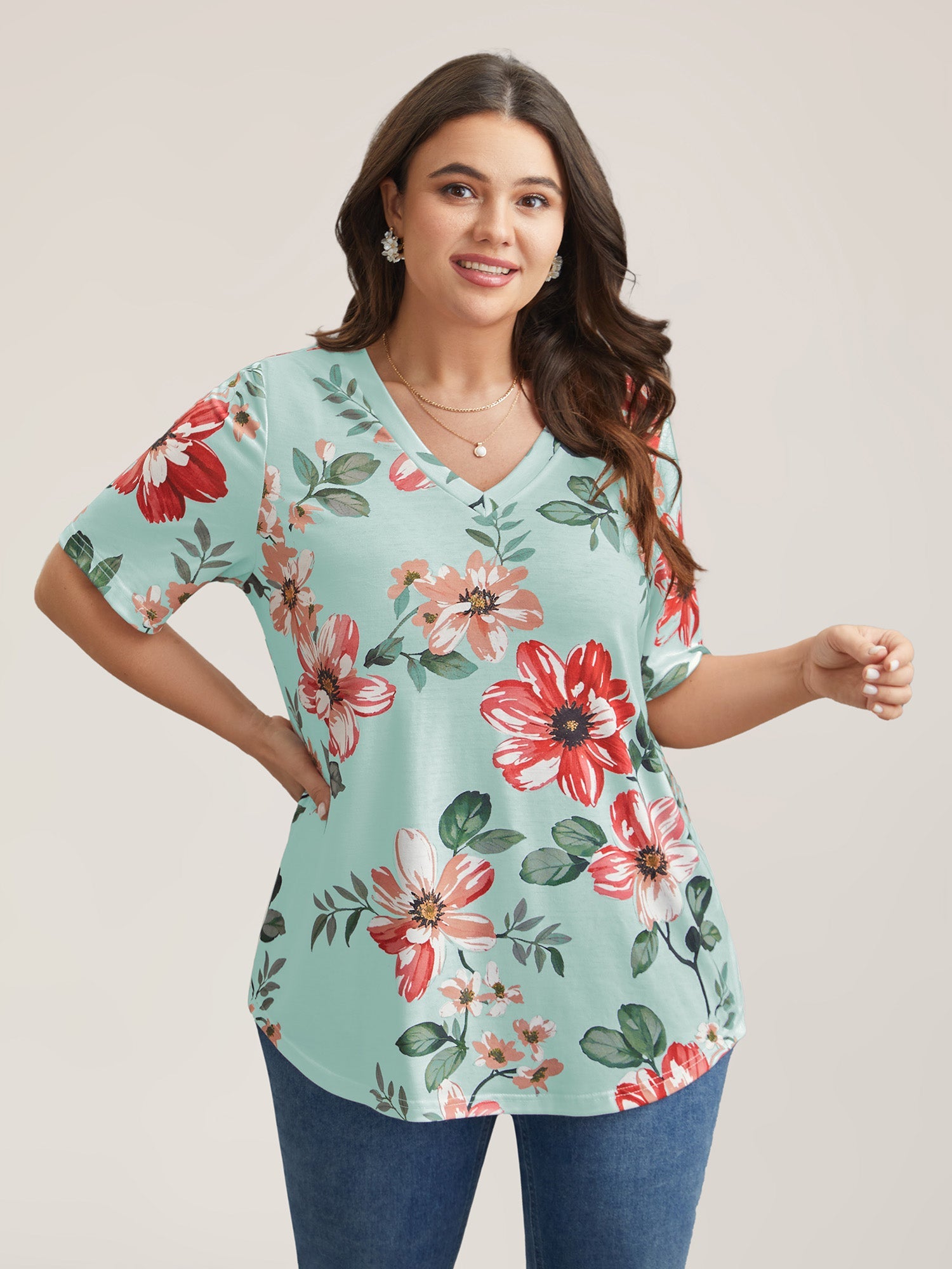 Mehrfarbiges Blumendruck V-Ausschnitt T-Shirt