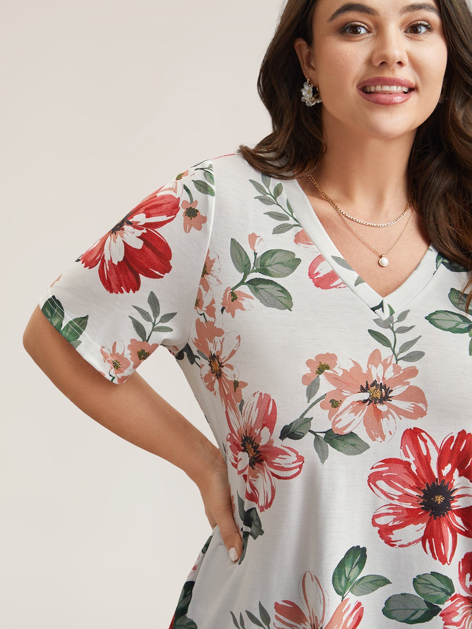 Mehrfarbiges Blumendruck V-Ausschnitt T-Shirt