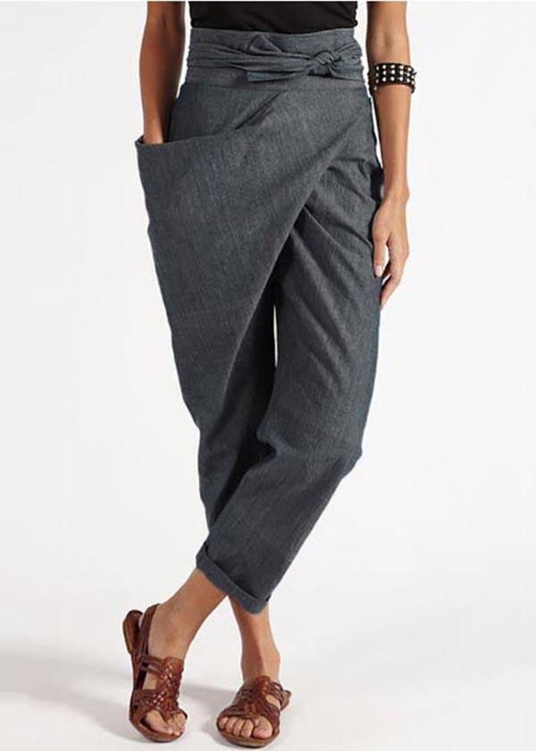 Handgemachte graue asymmetrische Design Hohe Taille Baumwoll Harem Sommerhose
