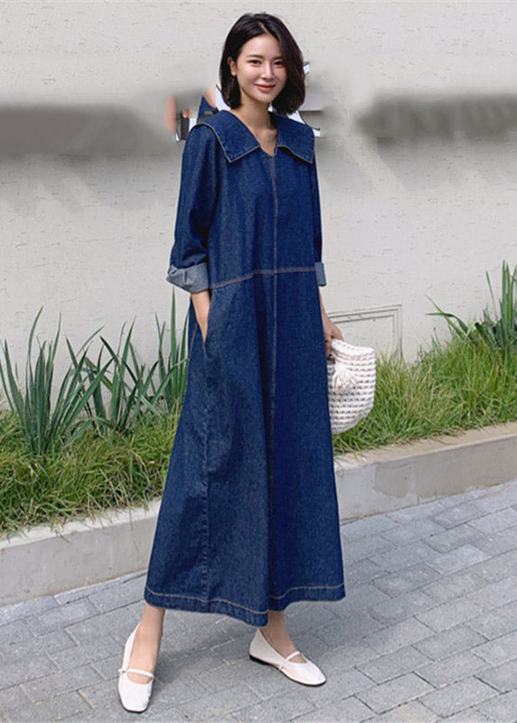 Lockere Denim-Blaue Peter-Pan-Kragen Patchwork Taschen Kleid mit langen Ärmeln