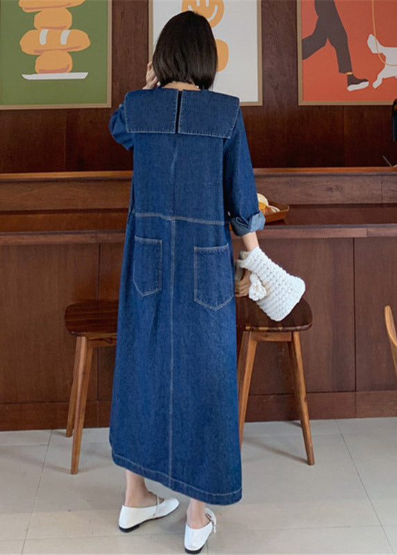 Lockere Denim-Blaue Peter-Pan-Kragen Patchwork Taschen Kleid mit langen Ärmeln