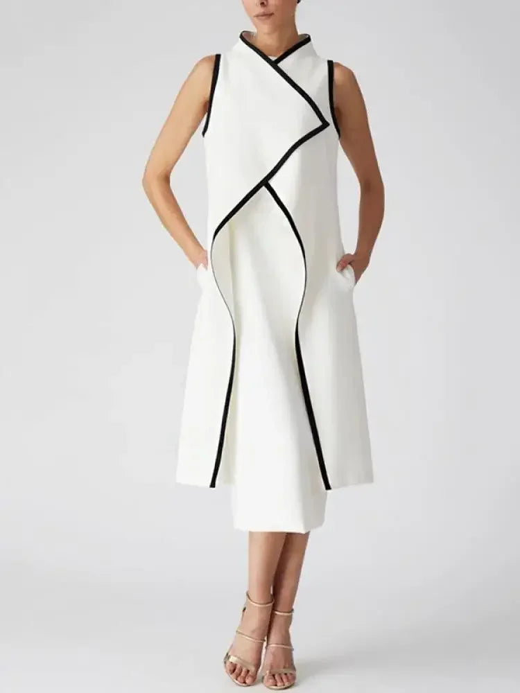 Falsches Zweiteiliges Ärmelloses Büro Damen Elegantes Formelles Weißes Midi-Kleid