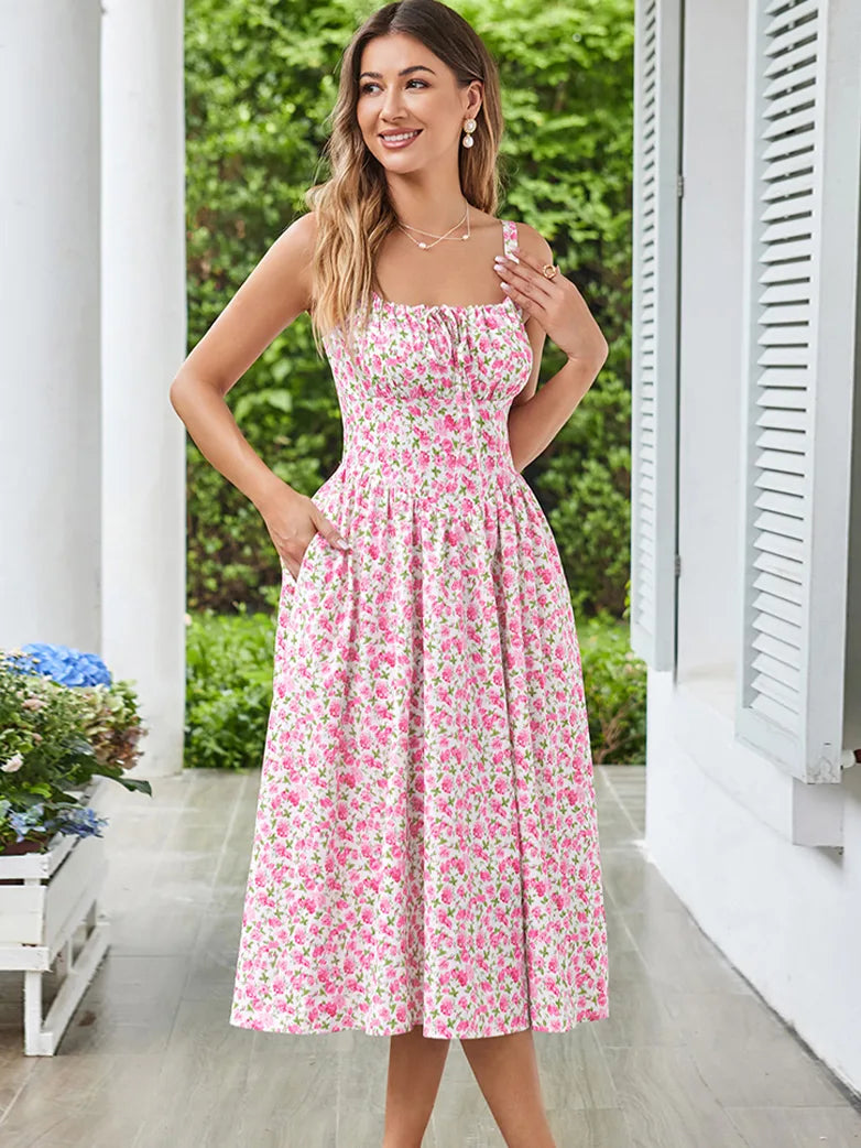 Sommer Bequeme Blumenkleid mit Taschen