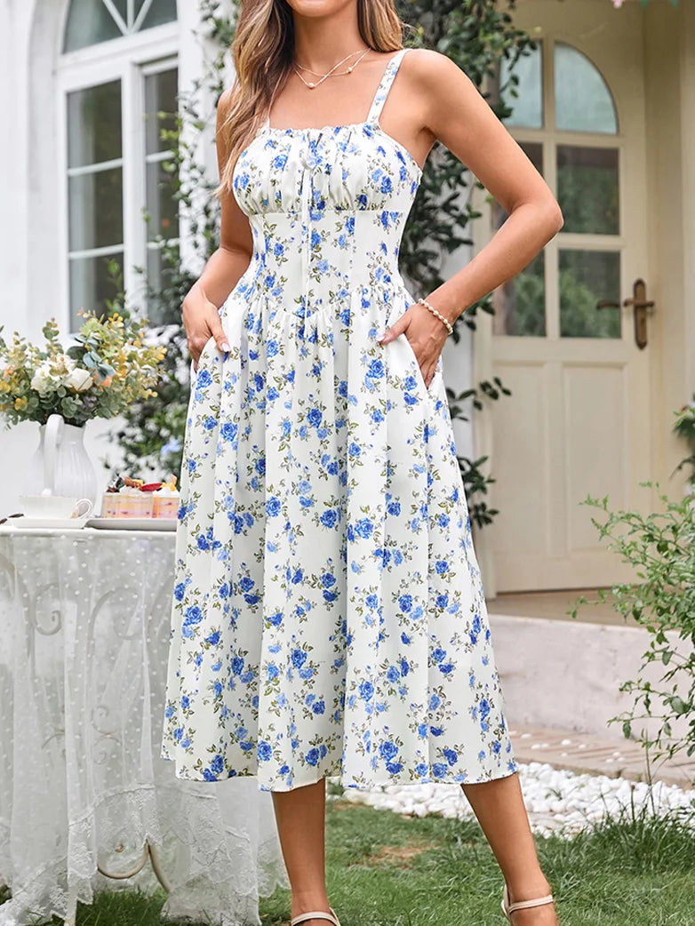 Sommer Bequeme Blumenkleid mit Taschen